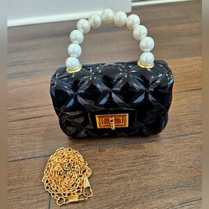 ⚡️Mini Black Quilted Jelly Handbag with Pearl Handle + Crossbody Chain